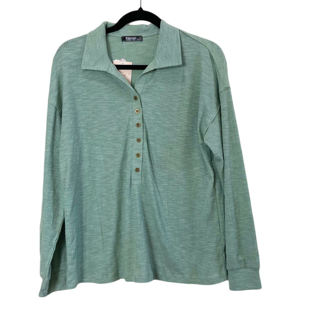 NWT Fashion Women's Green Ribbed Loose Pullover Sweater Top Retro Small